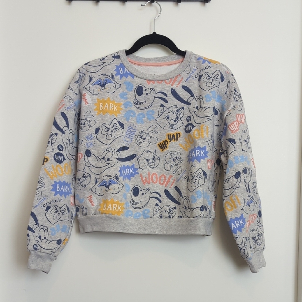 Disney Gray and Blue Crew Neck Sweater with Cartoon Print